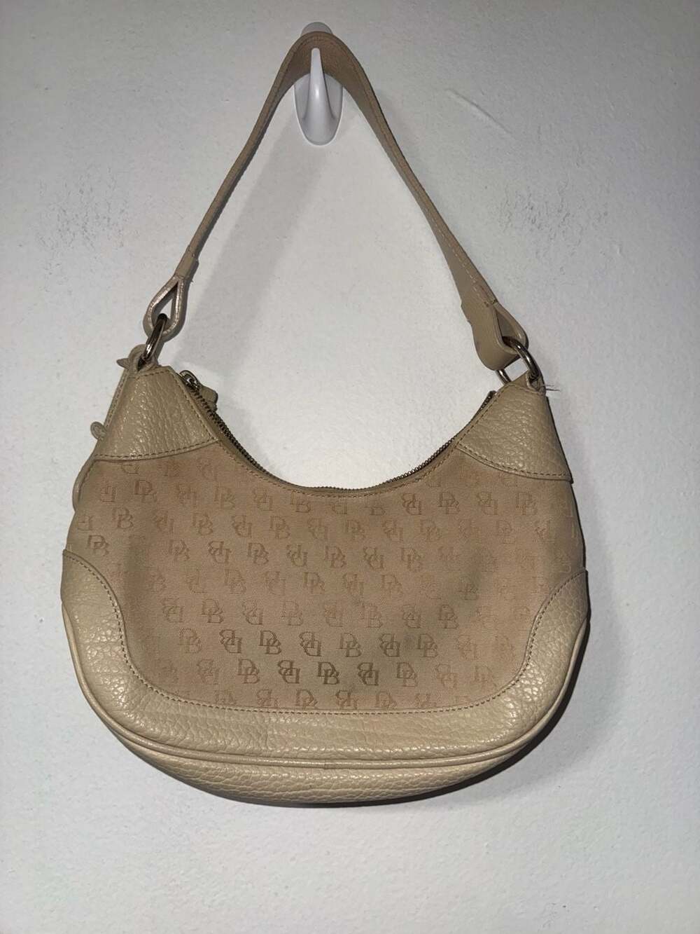 Dooney & Bourke Monogram Signature Canvas&Pebble Leather Hobo Shoulder Bag Cream
